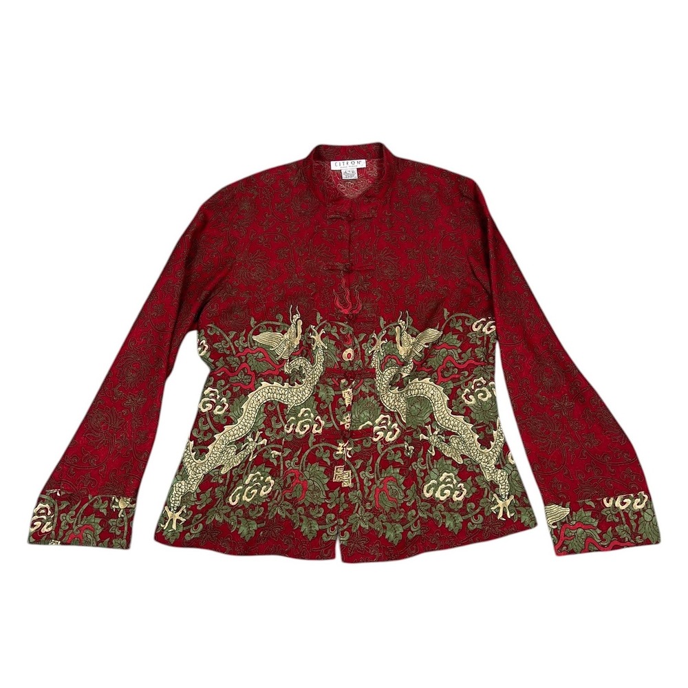 Citron Santa Monica Dragon Print Jacket Women Small Red Asian Frog Closure Silk